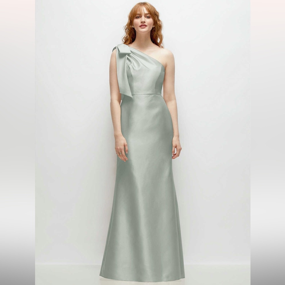 Dessy Group Alfred Sung Bow One-Shoulder Satin Trumpet Bridesmaid Dress